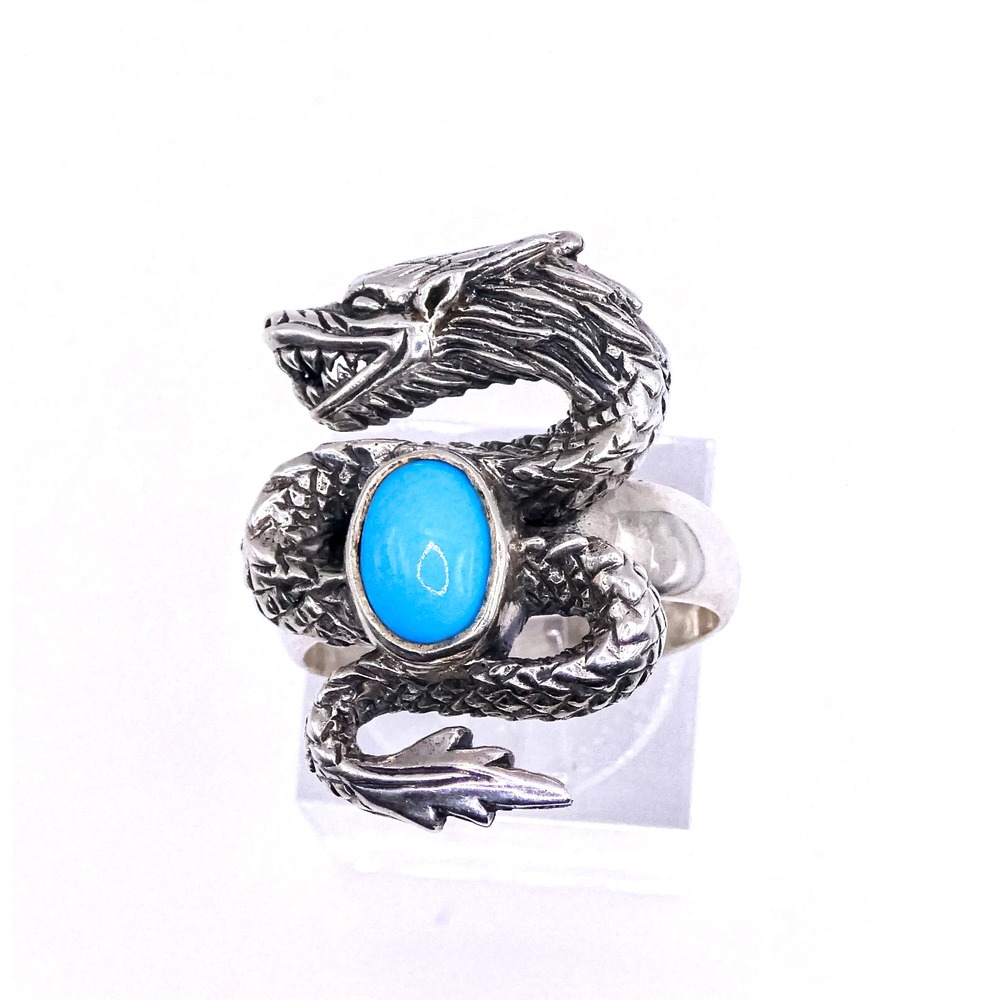 Chuck Clemency Sterling Silver 925 Dragon Ring Figural Turquoise Gemstone Sz 8